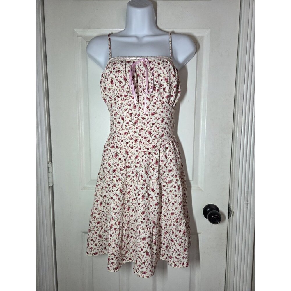 Monteau Pink Floral Strappy Smocked Peasant 90s Y2K Mini‎ Slip Dress XS NWOT